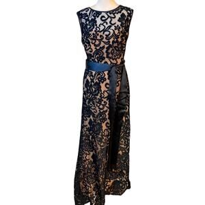 Betsy & Adam Navy Blue Lace and Taupe Evening Gown Size 6
